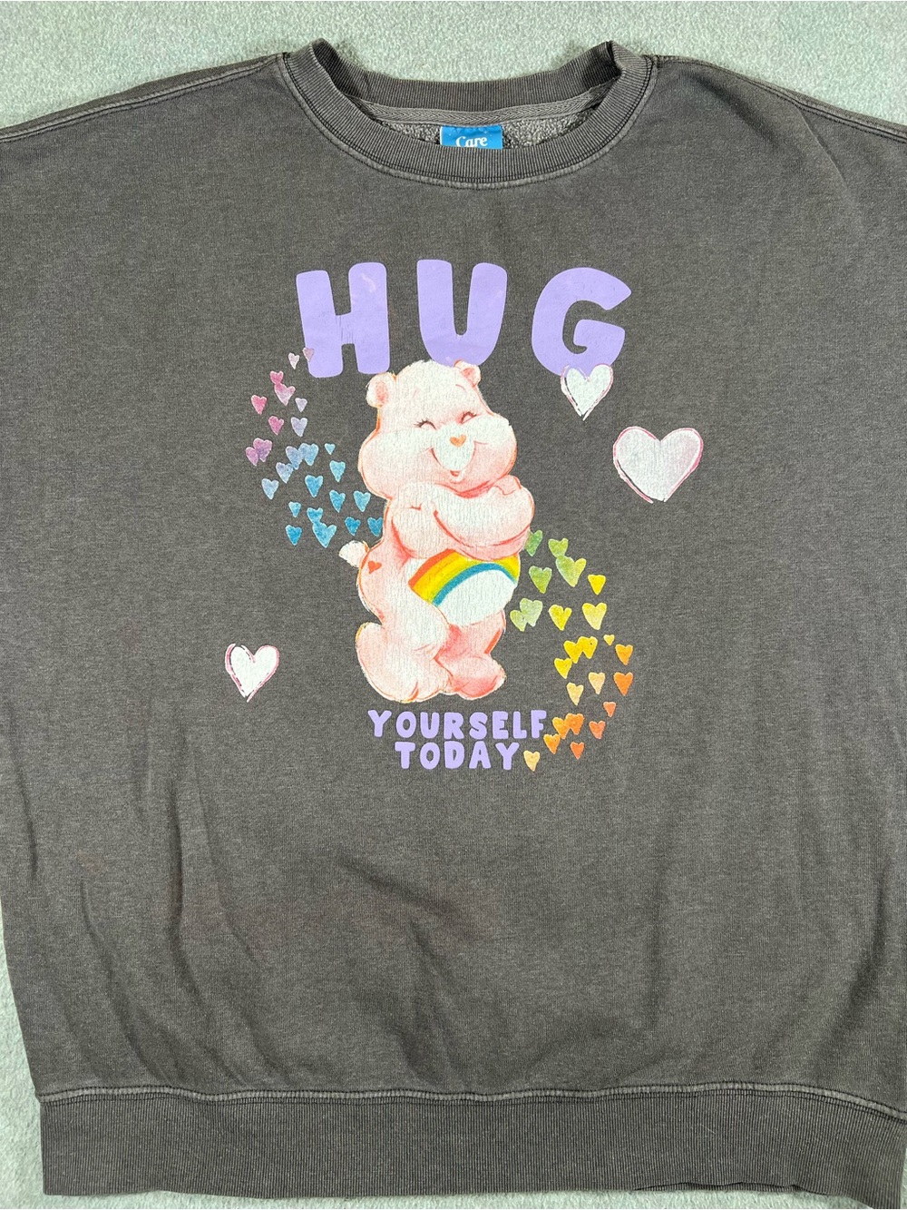 Care Bears Sweatshirt Hug Yourself Today Rainbow Hearts Gray Size M